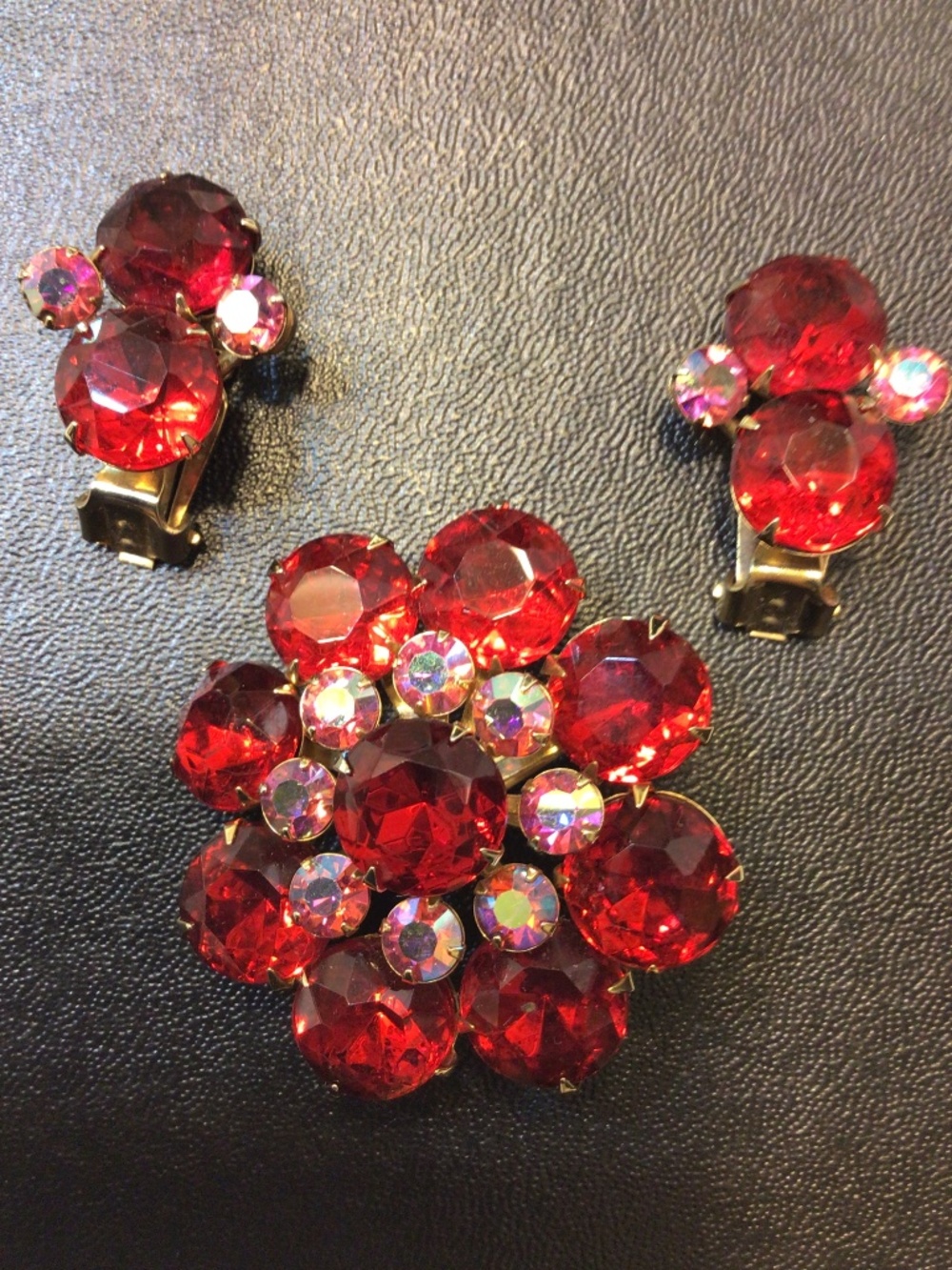 Mid-century Large Flower-shaped Brooch and Clip-on Earrings Ruby Red Stones